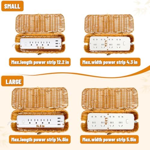 2 Pcs Handwoven Rattan Cable Management Box,Cord Organizer Box with Lid,Open-Slot Cord Hiding Basket,Decorative Storage 