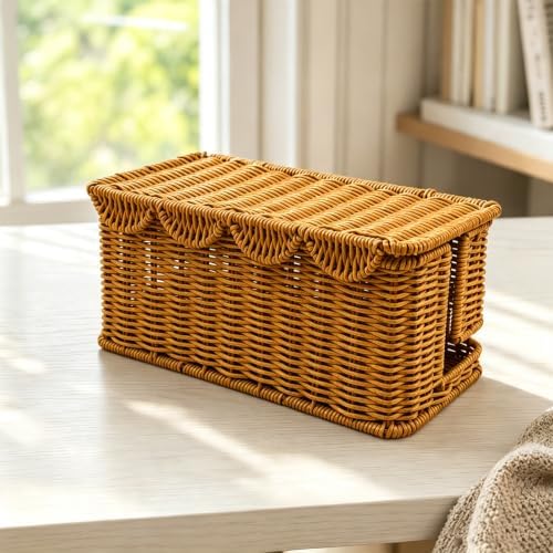 Handmade Rattan Cable Management Box, L Dual Slot Cord Hider Organizer Box