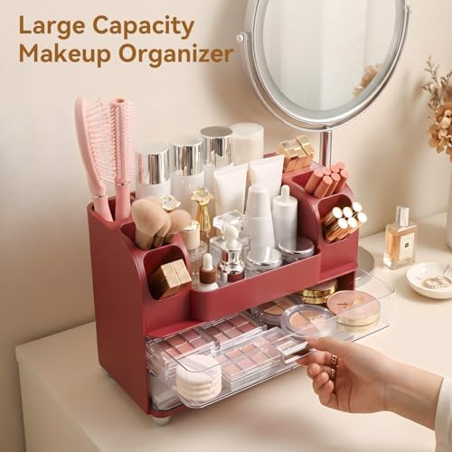 Makeup Organizer for Vanity with 2 Large Drawers and 6 Brush Holders, Red