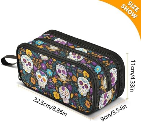 Fisyme Flower Sugar Skull Pencil Case Large Capacity Pen Box Makeup Pouch Holder Organizer Stationery Bag for School Office College Traval Adults