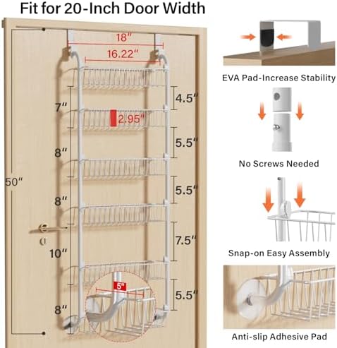 Delamu Over the Door Pantry Organizer, 6-Tier Pantry Organizers and Storage, Metal Cabinet Door Organizer, Hanging Spice