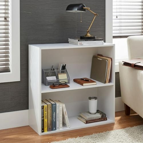 2 Tier Open Shelf Bookcase Storage Organizer, White Wood, Contemporary.