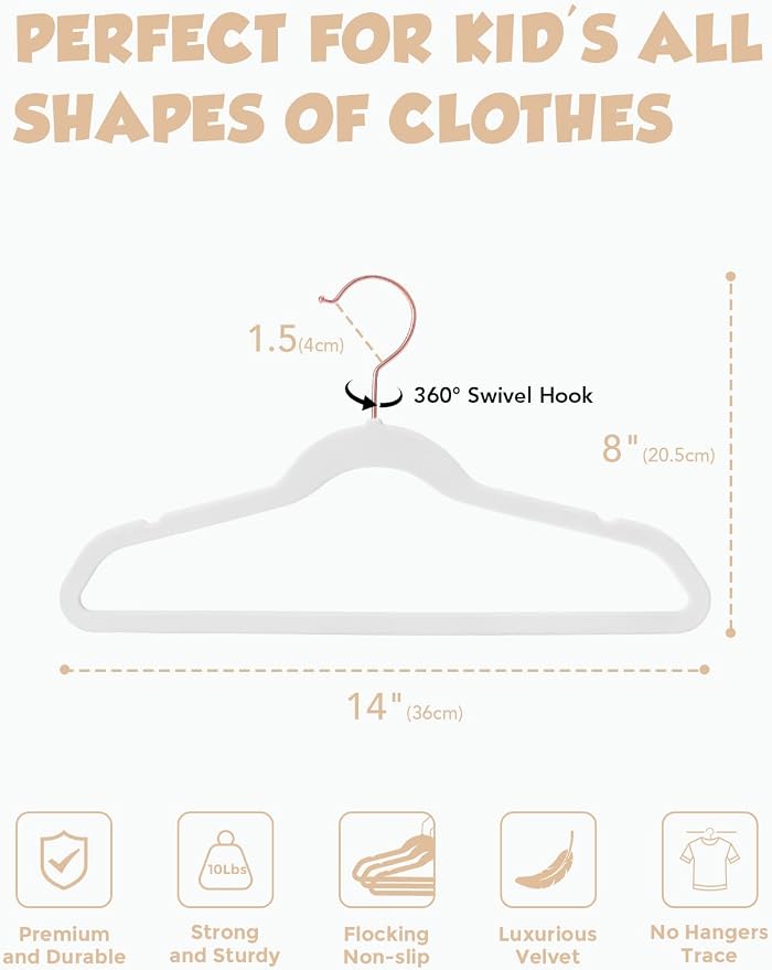 Smartor Kids Velvet Hangers 100 Pack, 14'' Inch Premium Non Slip Kids Felt Hangers for Closet, Space Saving Toddler Clothes Hanger for Youth's Childrens' Clothes (Rose Gold Hook)- White