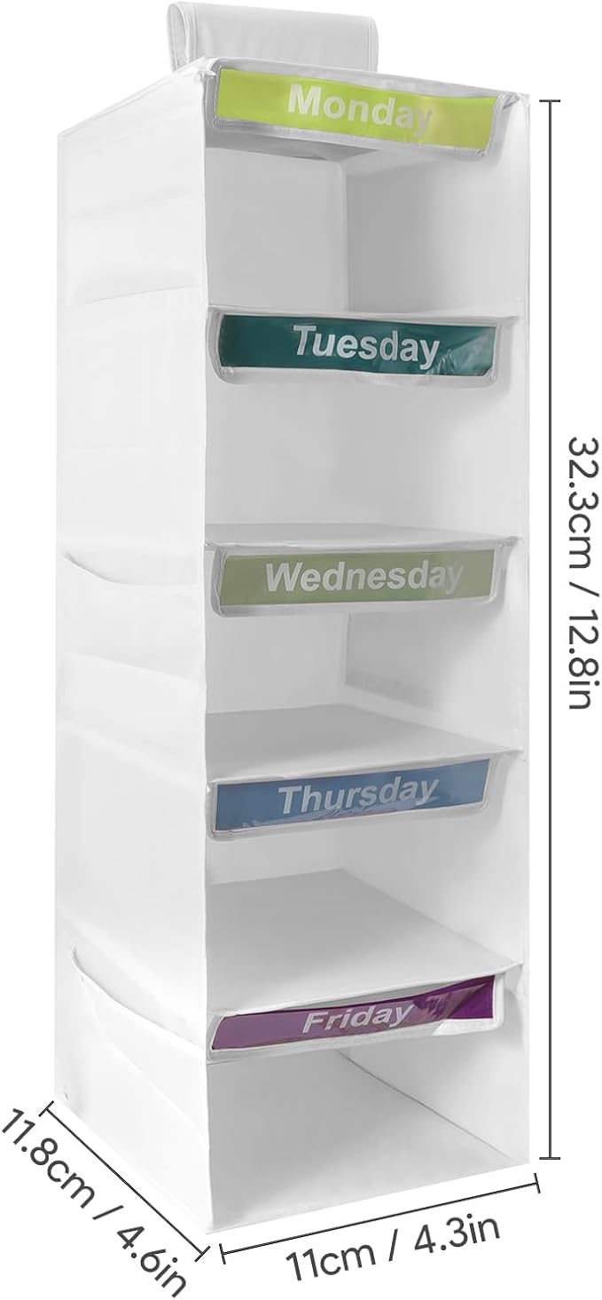5 Shelf Weekly Hanging Closet Organizer Monday Through Friday Clothes White | Days of The Week Hanging Storage Shelves Foldable, Daily Close Organizer for Kids with 6 Side Pockets