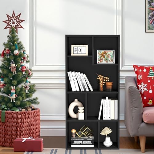 VECELO Wide Kids Staggered 7-Cube Bookshelf,Extra Large Freestanding Open Storage Organizer with Multi-Size Compartments
