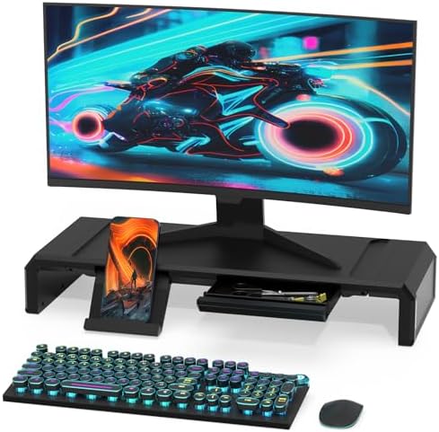 Heymaster Monitor Stand Riser with Drawer, Foldable & Adjustable Length Computer Stand with Phone & Tablet Holder, Space