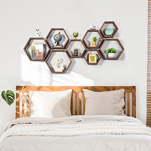 Hexagon Floating Shelves Set of 8 Wood Hexagonal Shelves Brown Wall Decor and Storage Racks for Living Room Floating Hon