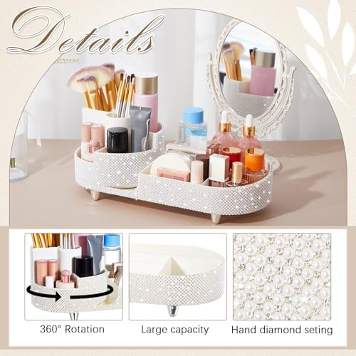 Rotating Makeup Organizer Vanity, White, Pearl