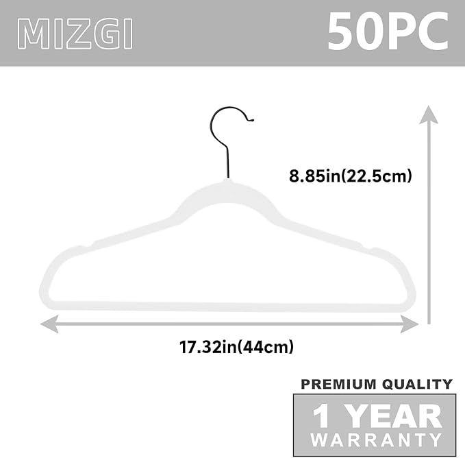 MIZGI Premium Velvet Hangers (50 Pack) - Heavy Duty Non Slip Velvet Suit Hangers - White & Black Coated Hooks, Space Saving
