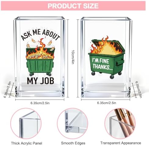 Ask Me About My Job I'm Fine Thanks Acrylic Pencil Pen Holder Cup Set 2, Funny Pencil Holder Desk Organizer, Dumpster Fire Desk Accessories, Sarcastic Office Gifts for Women Men Teacher Coworker