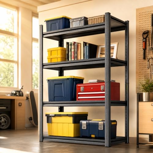 Modern 4 Tier Black Metal Bookshelf, Industrial Book Shelf Shelving Unit, Deep Bookcase Storage Rack for Books Plants De