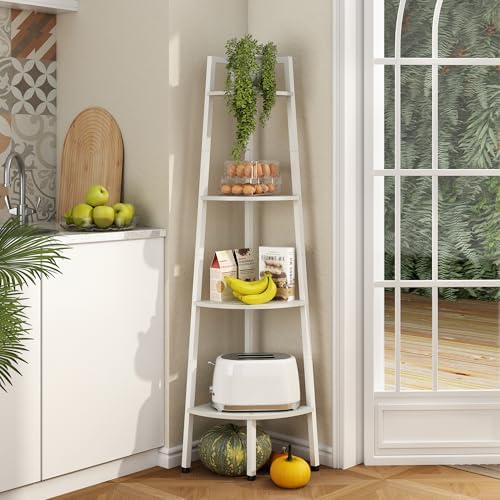 Hoctieon Corner Shelf, 4-Tier Corner Bookshelf, Rustic Corner Ladder Shelf, Industrial Display Shelf for Living Room, Ki