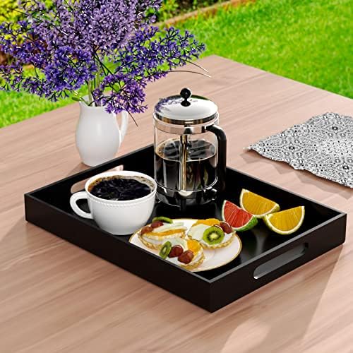 NIUBEE Black Serving Tray 12x16 Inches - Spill-Proof Acrylic Organizer with Handles for Coffee Table, Ottoman & Countert