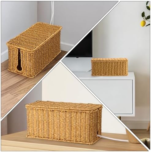 ZhiYo Rattan Cable Management Box, Cord Organizer, Nature, 13.5"x6.2"x6"