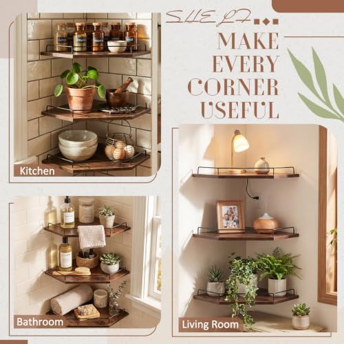 Novabright Corner Floating Shelf Set of 3 Rustic Brown Wood 12 Inches