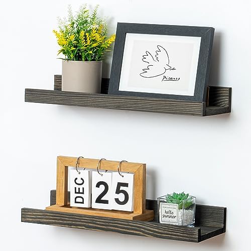 FLYJOE Picture Ledge Wall Shelves 16 inch Width Set of 2, Solid Pine Wood Rustic Floating Ledge Shelves for Wall for Kids' Room Bedroom Kitchen Bathroom Living Room Nursery Display Wall Decor, Grey