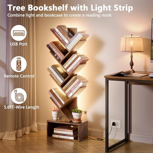 Hoctieon 6 Tier Tree Bookshelf, Tall Bookcase, Freestanding Book Shelf with LED Lights, Display Floor Standing Storage S