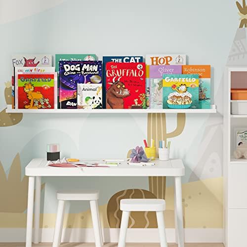 Wallniture Denver 46" Picture Ledge Shelf, Wood Wall Shelves for Photo, Picture Frame, Books, White Bookshelf for Kids R
