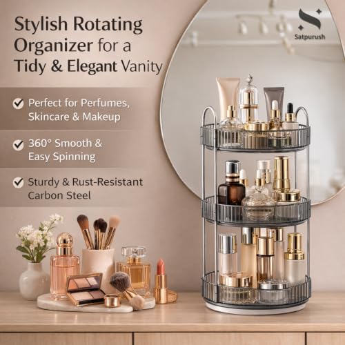 360° Rotating Makeup Organizer, 3 Tier Spinning Cosmetic Organizer for Vanity & Bathroom Countertop, Holds Tall Skincare