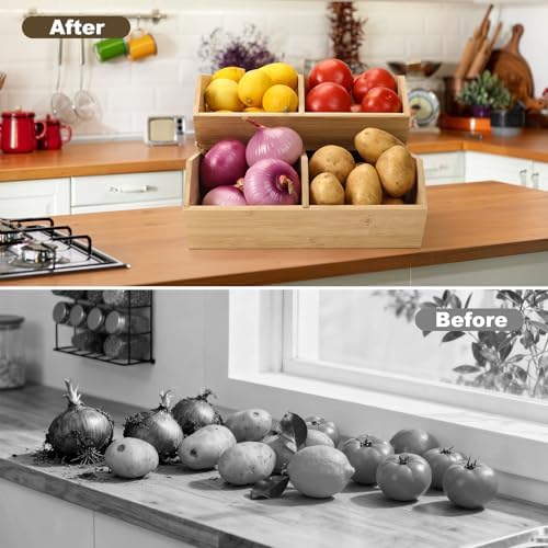 Bamboo Pantry Organizers and Storage Bins, 2 Set Stackable Baskets for Vegetables, Potatoes, Onion, Garlic, Bread - Bamb