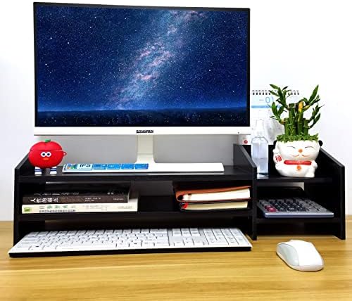 Computer Monitor Riser, 2 Tier Wooden Stand With Two Layer Storage Rack, Black Desktop Organizer for PC/Laptop, Home & O