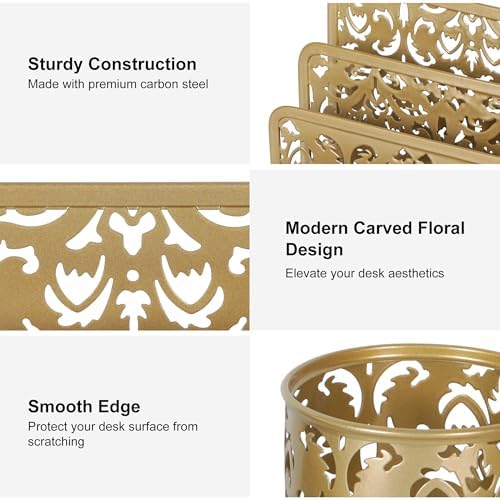 EasyPAG Desk Organizers and Accessories 3 Pieces Office Organizer Set - Pen Holder for Desk, Mail Sorter Countertop and Sticky Note Holder, Gold