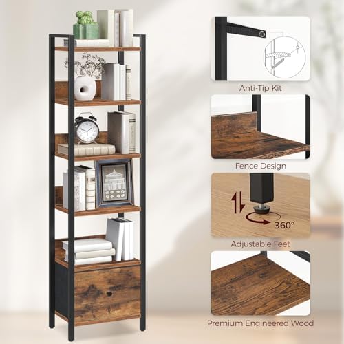 MAHANCRIS Bookshelf, 6-Tier Bookcase with Drawer, Small Book Shelf for Small Space, Storage Shelf Organizer, for Living 