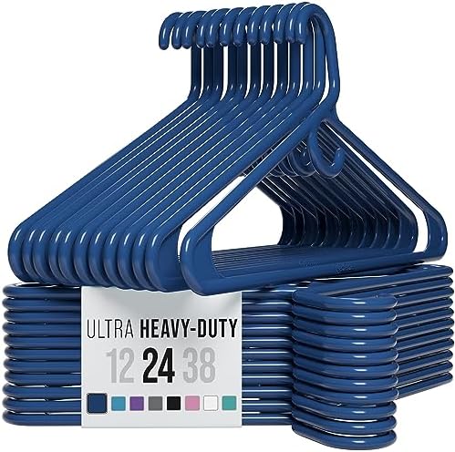 NEATERIZE Thick Heavy Duty Hangers - Navy Plastic Clothes Hangers 24 Pack - Great for Coat Hanger, Jackets Jeans & Suit Hanger for Closet - New Apartment Essentials Percheros Ganchos para Colgar Ropa
