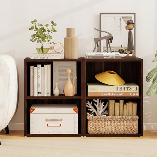 2 Cube Shelf, Wood Cubby Storage Organizer, 2 Shelf Bookcase with Adjustable Shelf, 21" Low Shelves, Small Bookshelf for