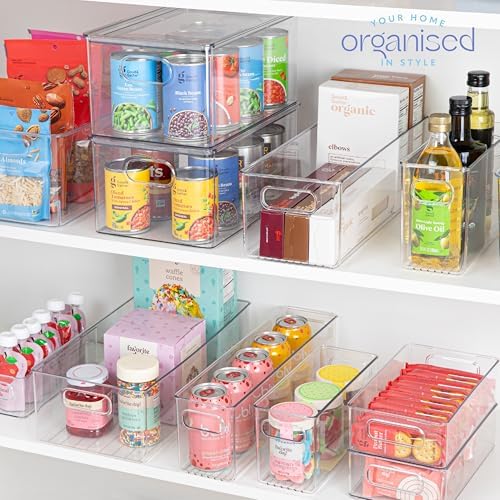 Plastic Food Storage 2 Pack Clear Container Bin with Handles for Organizing Kitchen, Pantry, Fridge, Freezer, Pantry, Ba