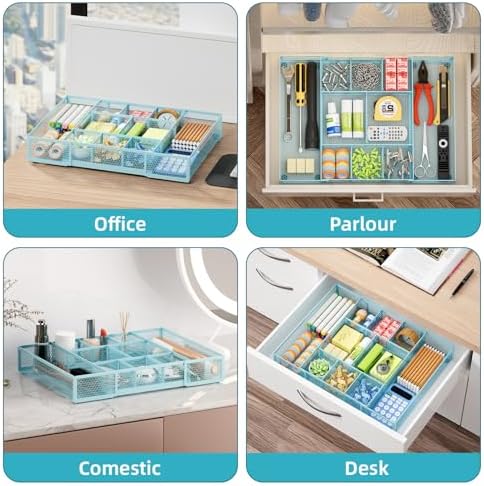 Marbrasse Expandable Desk Drawer Organizer, Mesh Drawer Organizer Tray with 10 Adjustable Compartments, Desk Organizers and Accessories for Office Supplies, Makeup & Vanity (Expandable-Blue)