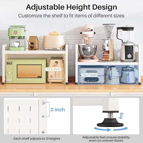Expandable Microwave Stand, 2-Tier Adjustable Microwave Oven Rack with 10 Hooks & 2 Holders, Heavy Duty Carbon Steel Mic