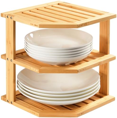 Umilife Plate Organizer for Cabinet, Bamboo Corner Shelf, Dish & Bread Organizer, Spice Rack, Kitchen Bathroom Counterto