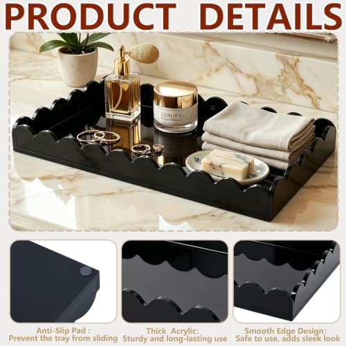 Black Scalloped Acrylic Tray 5mm Thicken for Vanity Makeup,Perfume,Soap Dispenser, Napkin,12x6 Decorative Serving Tray f
