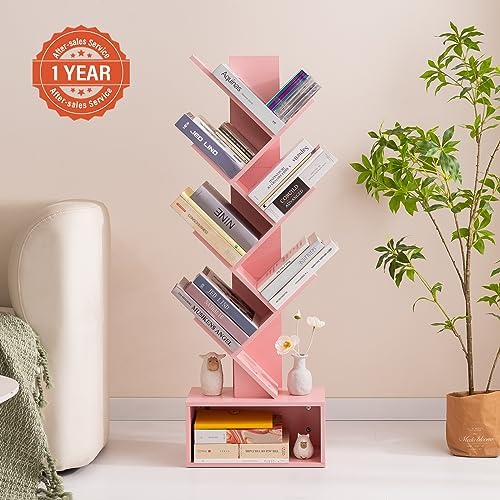 Yoobure Tree Bookshelf - 6 Shelf Retro Floor Standing Bookcase, Tall Wood Book Storage Rack for CDs/Movies/Books, Utilit