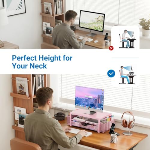 OPNICE Desk Organizers and Accessories, Computer Monitor Stand Riser with Drawer and 2 Pen Holders, Printer & Laptop Sta