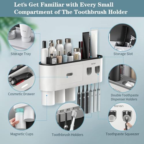 Toothbrush Holders Wall Mounted, Toothbrush Holder with Automatic Toothpaste Dispensers, 6 Brush Slots, 3 Magnetic Cups,