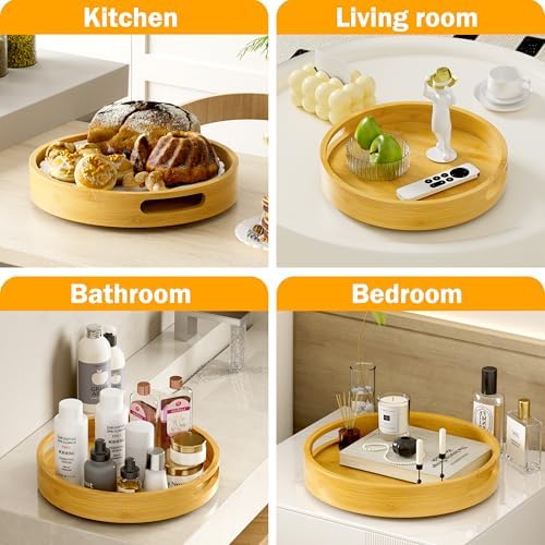 Lazy Susan Organizer Homerays 12 Inch Non-Skid Bamboo Lazy Susan for Kitchen Rotating Spice Rack with Handles, Wood Turn