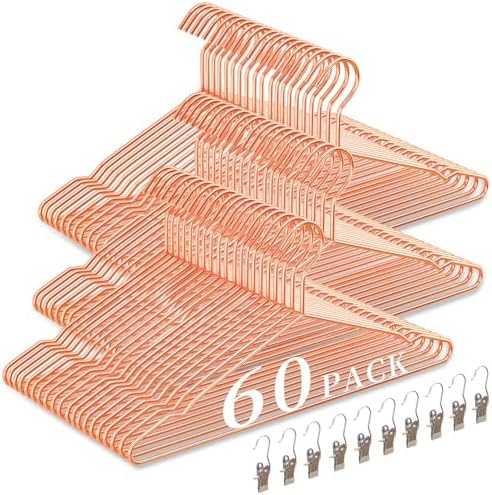 60Pack Rose Gold Metal Hangers with 10 Included Clips, Strong Metal Hangers