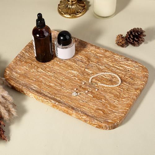 Karibiber Natural Marble Vanity Tray, 11.8" Travertine/Stone Bathroom Tray Countertop, Golden Stone for Perfume Jewelry 
