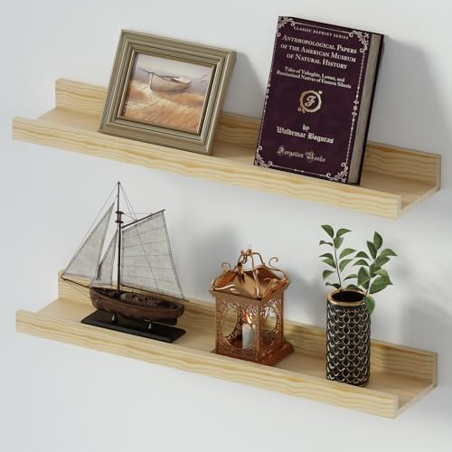 SAUMONIERES Picture Ledge Shelf Floating Book Shelves Set of 2 Wall Mounted Solid Wood for Bedroom Bathroom Living Room 