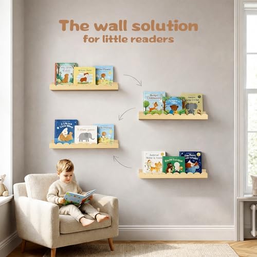 Nursery Floating Shelves for Kids Room, 2 Pack 23.6 Inch Natural Wood Wall Shelves with Scalloped Edge, Kids Bookshelves
