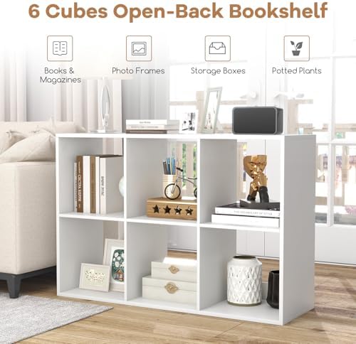 6 Cube Storage Organizer Set of 2, 2 Tier Floor Standing Bookcase with Anti-Toppling Kits, Wooden Open Display Shelf for