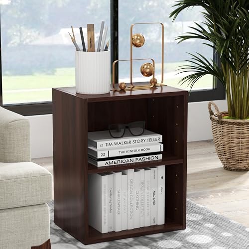 Tangkula 2-Tier Bookshelf, Open Shelf Bookcase with 7-Position Adjustable Shelf, Multifunctional Wooden Cubby Storage Di