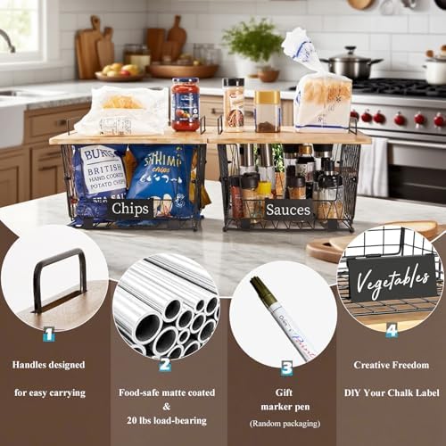 2 Pack Stackable Wire Baskets with Bamboo Lids for Kitchen Pantry Storage