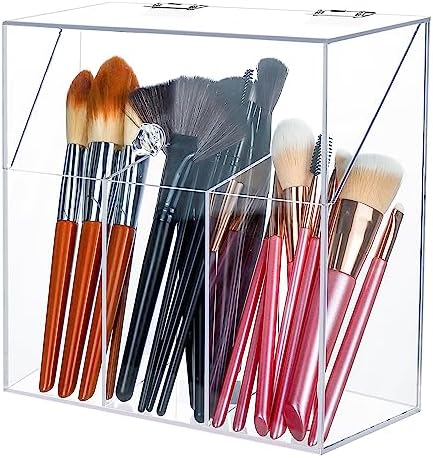 Acrylic Makeup Brush Holder with Lid - Clear Cosmetic Makeup Brush Organizer and Storage Box with Cover for Vanity - Lar