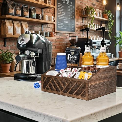 ugiftt Coffee Station Organizer for Counter, Wood Pods Holder Storage Basket, Tea Condiment Storage Organizer, Rustic Co