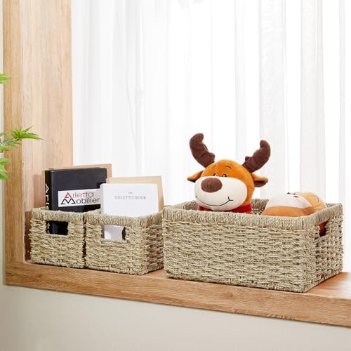 Vagusicc Wicker Basket, Set of 3 Hand-woven Storage Baskets for Organizing, Seagrass Wicker Storage Basket Bins with Han