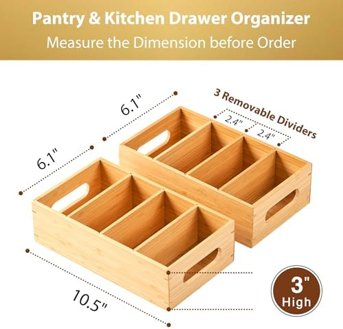 Umilife Bamboo Pantry Organizers and Storage Bins with Removable Dividers, Kitchen Drawer Cabinet Countertop Organizatio