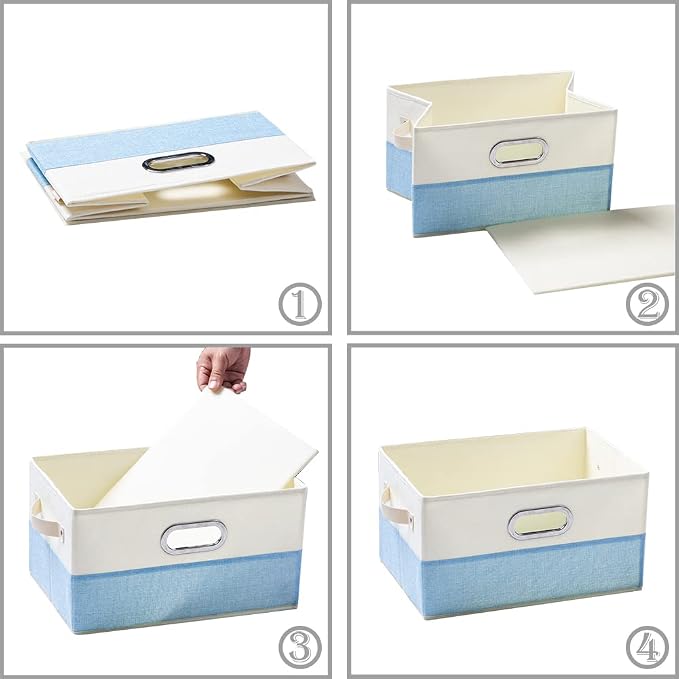 PRANDOM Fodable Storage Bins for Closet [3-pack] Decorative Fabric Storage Baskets Cubes with Leather/Metal Handles for Shelves Bedroom Living Room Blue&Cream (11.5x8.5x6.7 Inch)